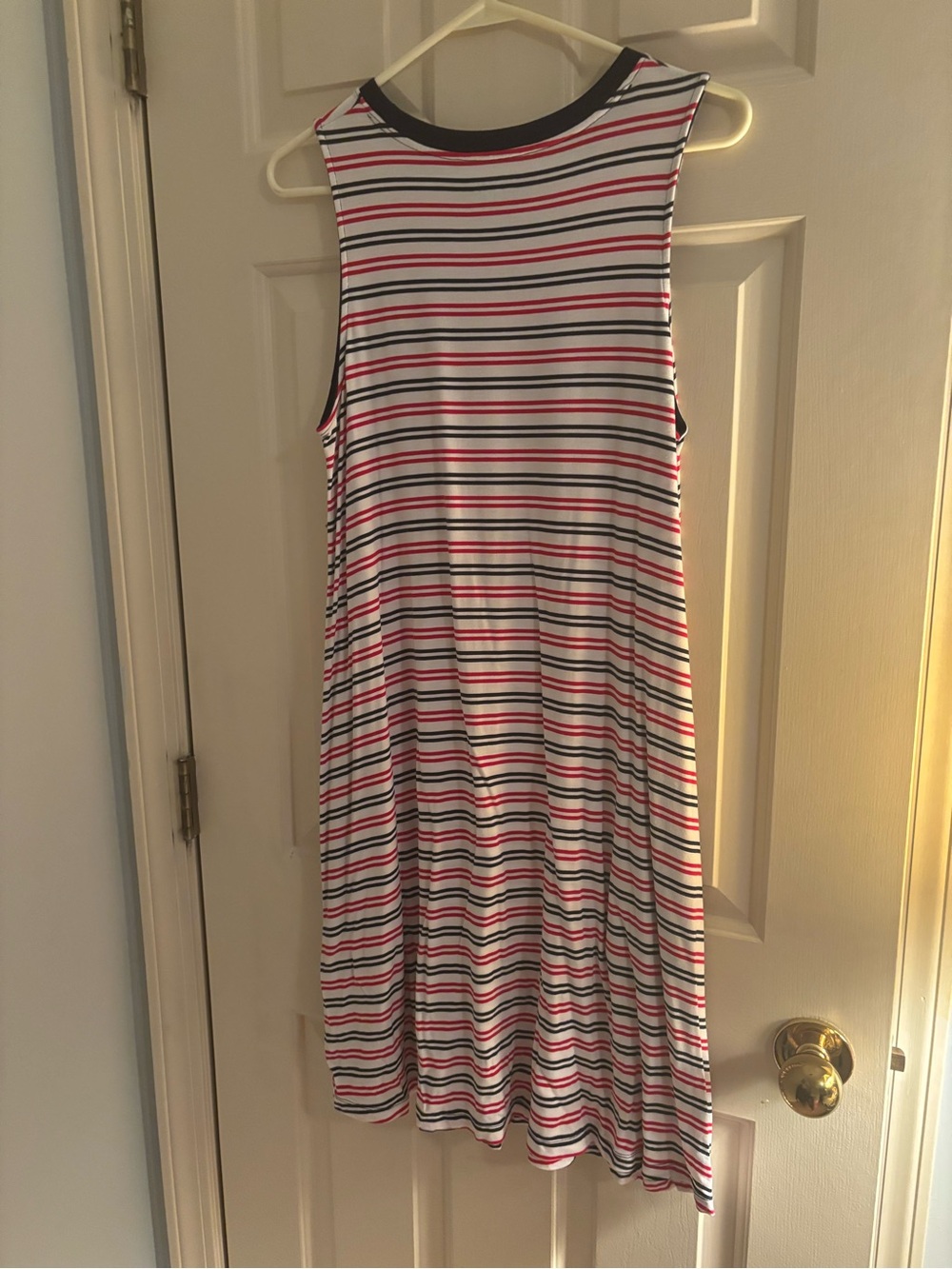 Sleeveless Striped Swing Dress in White, Black & Red
